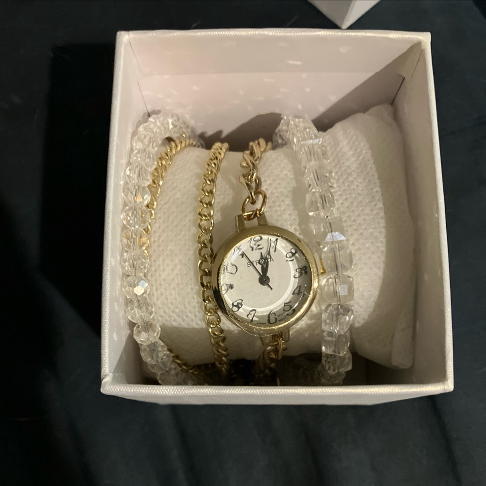 Strada Chic Gold Watch with gold chains and Clear Beaded Bracelets